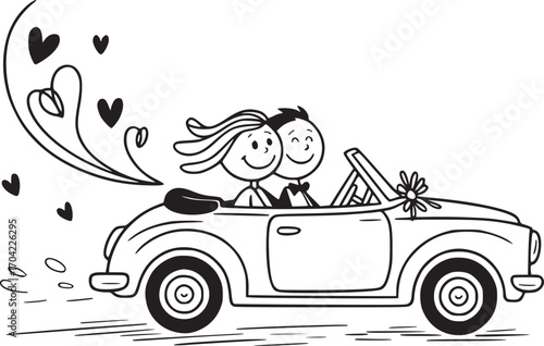Newlyweds joyride: A delightful sketch captures the elated moments of a just-married couple, joyfully riding off in a vintage convertible, surrounded by whimsical hearts.