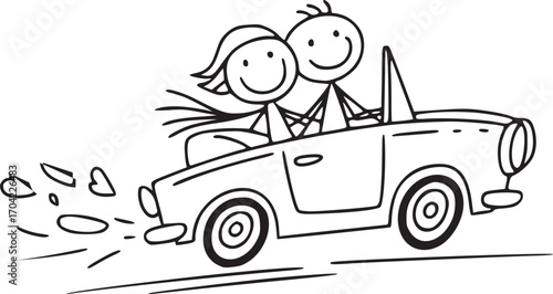 Joyride Sketch: A charming doodle depicts a happy couple embarking on an open-air drive, symbolizing freedom, togetherness, and the simple joy of the journey. 