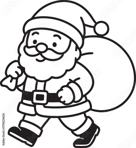 Cartoon Santa Claus walking with a sack of gifts on a white background Christmas holiday