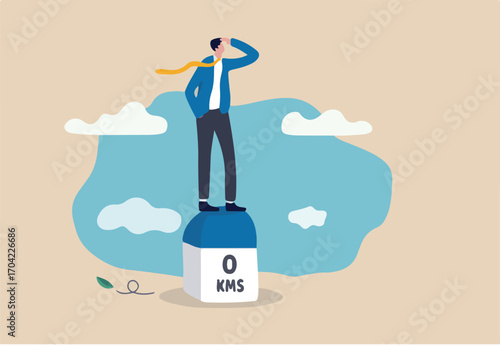 Business milestones road map, start new business, vision or career path and future responsibility concept, confidence businessman standing with visionary to the future on starting road milestones. 