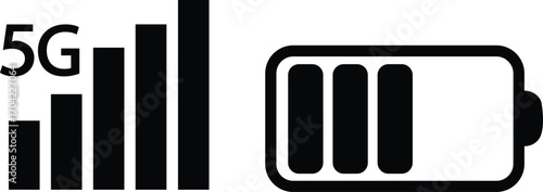 Mobile Status Bar Icons. 5G Network Signal and Battery Level Vector. Connectivity and network icons.