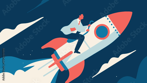 A business figure riding an ascending rocket, hand-drawn vector illustration