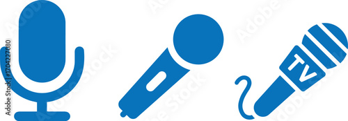 Microphone Icons Set. Voice Recording, Singing, Podcast, TV News, Broadcast, stage Performance, Interview, Audio Mic Symbols, Media Equipment Vector.