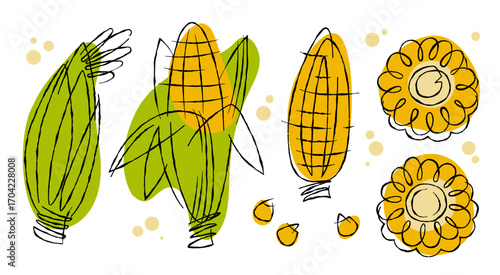 Corn kernels and seeds illustrated in retro sketching style. Features yellow and green colors with a playful mood. Suitable for food blogs and seasonal promotions.