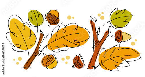 Autumn leaves, acorns, and branches with a retro sketching style featuring yellow, green, and brown tones. The mood is whimsical and light, perfect for greeting cards and digital art projects.