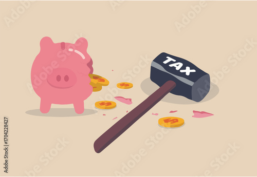 Tax planning mistake, pay a lot of money for income tax causing money loss impact saving plan concept, broken pink piggy bank and money coins pouring out with the evidence of hammer with the word Tax.