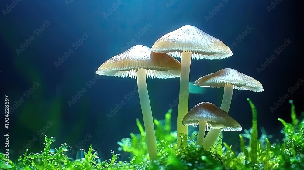 Fototapeta premium Illuminated mushrooms in dark mossy setting