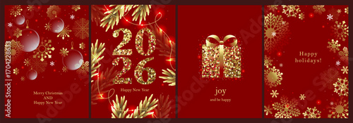 Shiny Christmas, New Year greeting cards. Holiday background for gift card, voucher, banner, post design. Christmas tree, snowflakes, baubles, gift, garland. Winter composition. Red, golden shades.