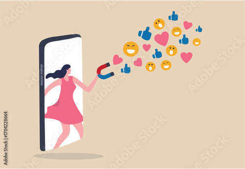 Influencer marketing, digital social media for marketing campaign or advertising concept, beautiful teenage lady stand out from mobile smartphone using magnet to draw social media emoji interaction.