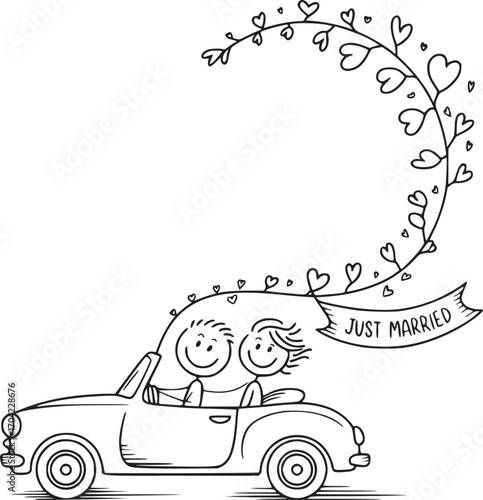 Wedding Day Journey: Capturing the joy of a newlywed couple embarking on their next adventure in a convertible, symbolized by a just married banner with a floral heart-shaped border.