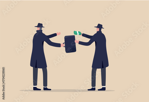 Fraudulent business, bribery, cheat and corruption or hacker who steal data and sell it on dark web concept, anonymous criminal guy with a lot of money buying stolen thing from other suspicious thief.
