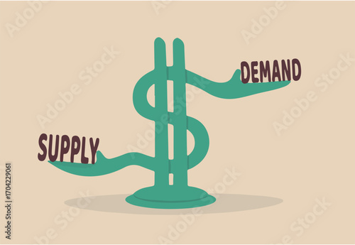Demand and supply, economic model of price determination in a capital market concept, US dollar money sign with arm metaphor of balancing the word demand on the right and supply on the left.
