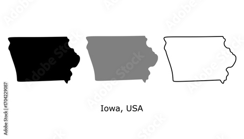 Iowa map set. Iowa USA map vector. Iowa silhouette, gray, and outline map on white background