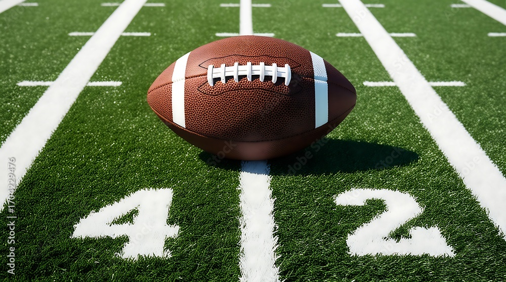 Obraz premium A high-resolution image of a brown American football with prominent laces and a slight sheen to its leather surface, placed on a vibrant green artificial turf field.