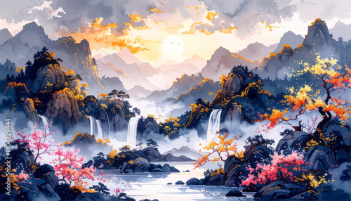 Enchanting waterfall with vibrant autumn colors. Serene mountain scene with flowing waterfalls. Stunning river valley with mist and waterfalls. Majestic mountain landscape with autumn foliage