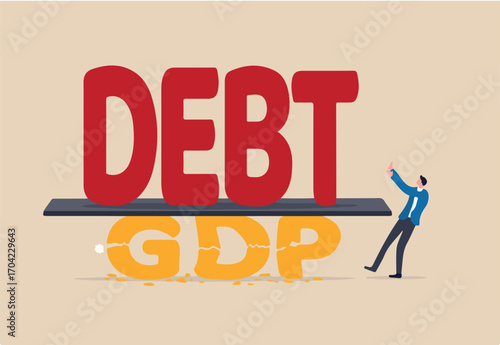 Debt to GDP crisis, COVID-19 causing economic recession, bankruptcy business high risk of debt bloat concept, huge heavy DEBT on top of broken GDP, Gross Domestic Product as recession indicator ratio.