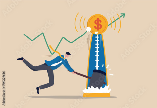 Investment asset price hit all time high, market rising, stock, crypto currency or gold price rally concept, businessman investor with hammer hit hard on strength tester to reach it top new high graph