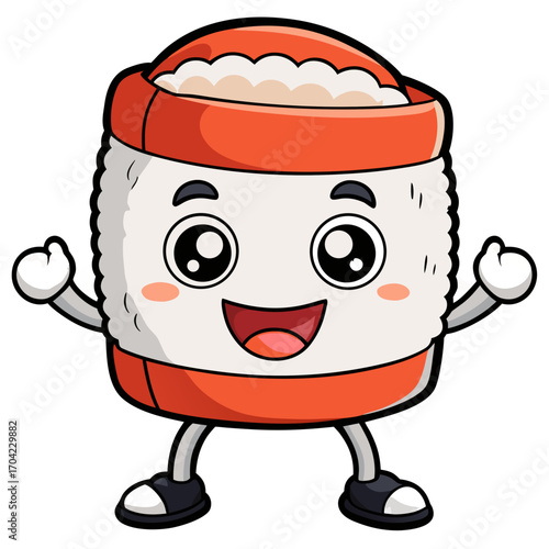  Cheerful Sushi Roll Character — Children's Cartoon Vector, Isolated ,transparent background