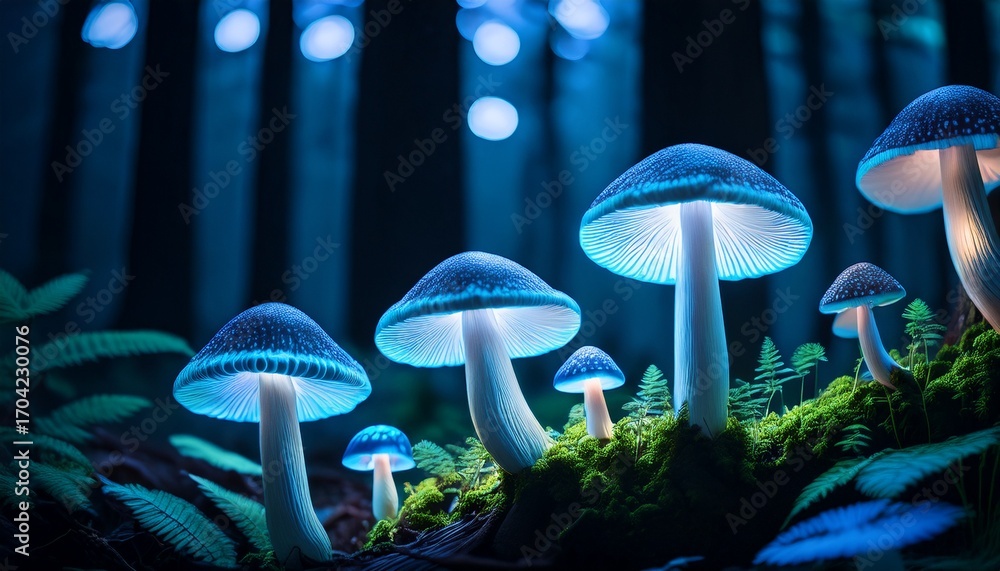 Fototapeta premium Glow In The Dark Mushrooms Growing In A Dark Forest With Bioluminescent Light Illuminating Their Caps