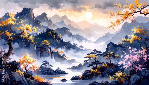 Majestic mountain view with misty river. Mystical mountain landscape with vibrant trees. Dramatic autumn landscape. Serene mountain retreat with colorful tree. Stunning misty valley with rocky terrain