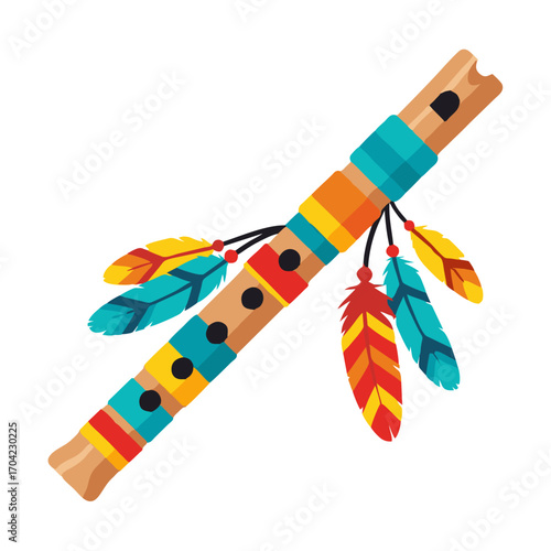 Decorated Native American Flute with Colorful Bands and Feathers.