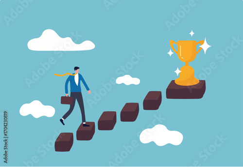 Success in business, career opportunity or business growth to reach target concept, smart successful businessman step up on wooden stairs to reach winner achievement trophy on top of the stair case.