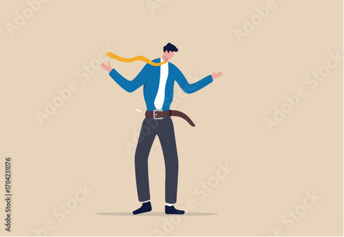 Tighten the belt, reduce spending in economic recession, cut budget to save business to survive or frugality concept, broke or bankruptcy businessman tighten or squeezing his belt. 