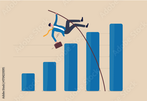 Business growth, improvement or high percentage increase of earning and profit, financial achievement after economic recovery concept, businessman jumping pole vault over growth bar graph.