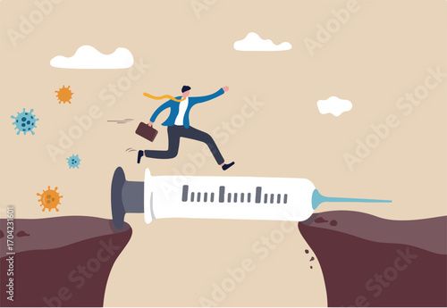 COVID-19 vaccine solution to economic recovery, immunity to continue business and get pass pandemic problem concept, businessman walk on vaccine syringe as bridge to next cliff with virus pathogen.