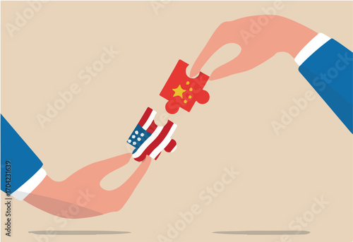 United States and China trade war negotiation, globalization deal between world leading country concept, businessman leader holding jigsaw with China and US flag to put it together.