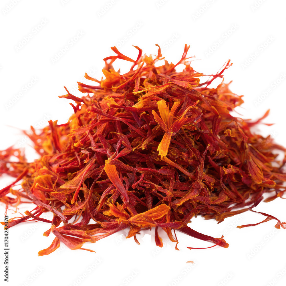 Fototapeta premium Dried saffron spice pieces isolated [Transparent Background PNG].