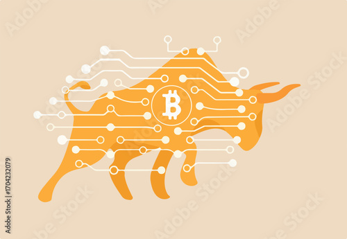 Bitcoin crypto currency bull market, cryptocurrency soaring hit new high record concept, golden bull with digital electronic graphic for new technology blockchain currency. 