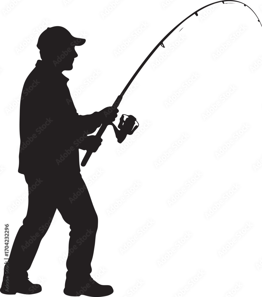 Obraz premium Silhouette of a man fishing with a bent rod reel