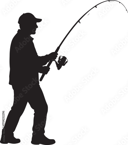 Silhouette of a man fishing with a bent rod reel
