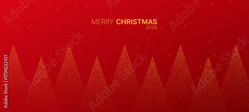 Golden dot pattern christmas trees on red background with merry Christmas 2026 text. Festive greeting card design. New year and holiday celebration concept.