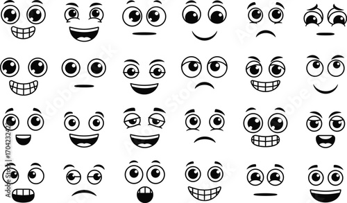 Cartoon Facial Expression Icon Set Featuring 25 Colorful Emotions and Reactions for Communication, Education, and Design