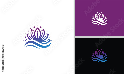 Lotus flower logo design with starlight around it is creative, elegant and modern