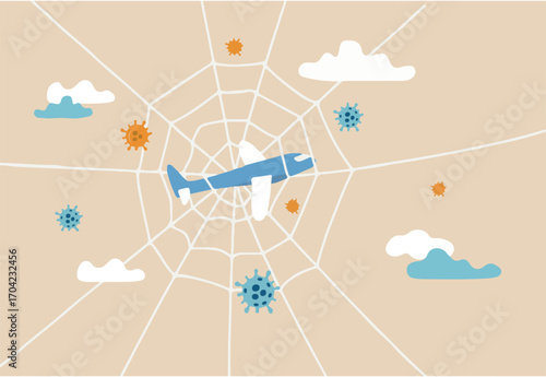 Airline business after COVID-19 pandemic, air transport and travel industry crisis causing by Coronavirus COVID-19 outbreak concept, airplane stuck in spider web in mid air with Coronavirus pathogen.