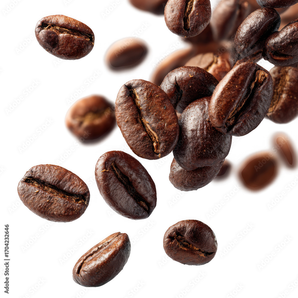 Fototapeta premium Falling coffee beans isolated [Transparent Background PNG].