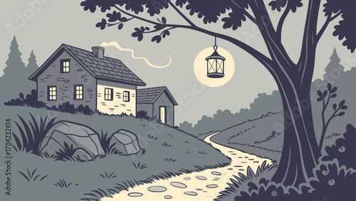 Illustration of a cottage with a lantern hanging from a tree on a path at dusk or dawn scene