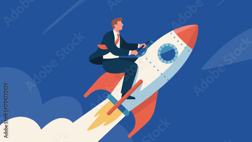 A business figure riding an ascending rocket, hand-drawn vector illustration
