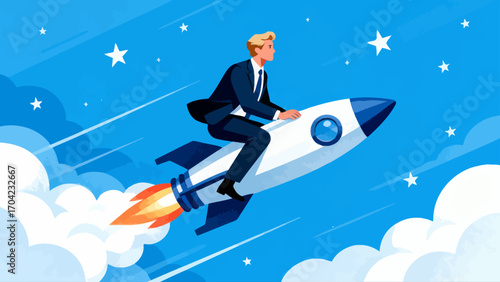 A business figure riding an ascending rocket, hand-drawn vector illustration