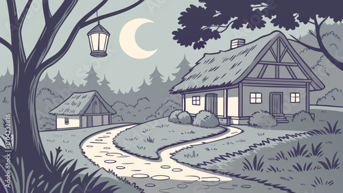 A serene night landscape with a thatched roof house under a crescent moon and a hanging lantern light