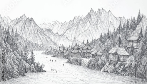 Chinese village and mountain river scene. Pencil art of village and natural beauty. Rural village and river sketch in mountains. village with riverside beauty. Traditional village near a flowing river