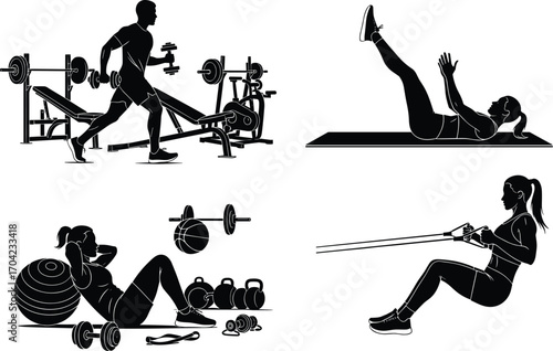 Black and white vector illustration of diverse fitness exercises with gym equipment, strength training, core workout, resistance bands, and healthy lifestyle