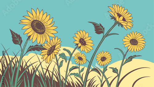 Illustration of sunflowers in a field with a blue sky and light yellow hills in the background scene