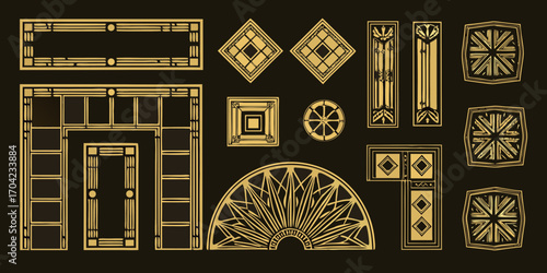 Collection of art deco geometric patterns and ornamental elements in gold on a dark background