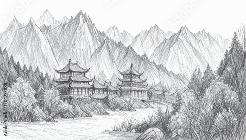 Traditional houses by the river, mountain backdrop. Peaceful mountain village, river, old houses. Scenic traditional village by river surrounded by mountains. Historic village, Snowy mountain village