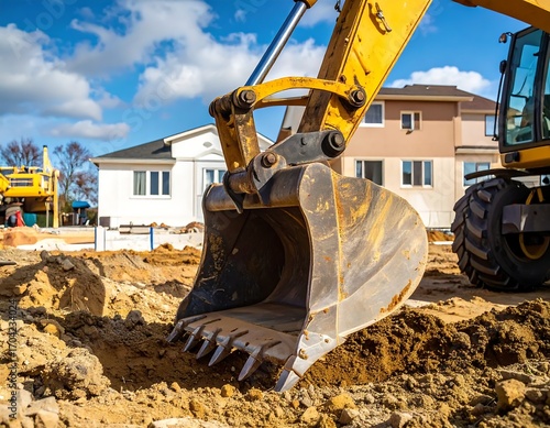 Excavator bucket digs earth near houses. Sunny day