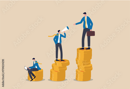 Income gap, inequality revenue in capitalism or career development to earn more income, middle income trap concept, businessman poor, middle and rich worker standing on stack of their wealth coins.